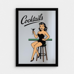 Miroir bar avec cadre pour cocktails, vrai miroir A4 imprimé UV, art mural rétro des années 50 pour restaurant américain, cadeau déco enseigne néon bière, art pin up