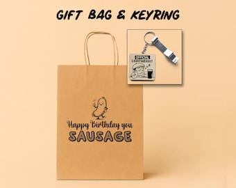 Funny Rude Gift Bag For Him | Birthday Gift Set Adult Humour Present | "Happy Birthday Sausage" | Wood Keyring & Bottle Opener