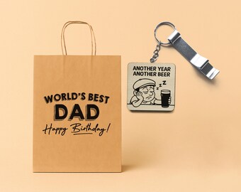 World's Best Dad Birthday Gift Bag Set | Includes Wood Keyring and Bottle Opener | "Another Year, Another Beer" | Birthday Present for Dad