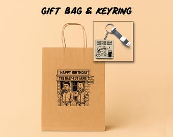 Personalised Funny Football Casuals Pub Birthday Gift Bag Set | Custom Age "The Half-Cut Arms" Design | Wood Keyring and Bottle Opener