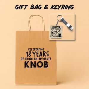 Funny Rude Gift Bag For Him | Personalised Birthday Gift Set Adult Humour Present | "Absolute Knob" Design | Wood Keyring & Bottle Opener