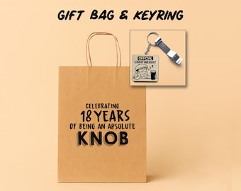 Funny Rude Gift Bag For Him | Personalised Birthday Gift Set Adult Humour Present | "Absolute Knob" Design | Wood Keyring & Bottle Opener