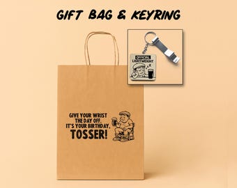 Funny Rude Gift Bag For Him | Birthday Gift Set Adult Humour Present | "Happy Birthday Tosser" Design | Wood Keyring & Bottle Opener