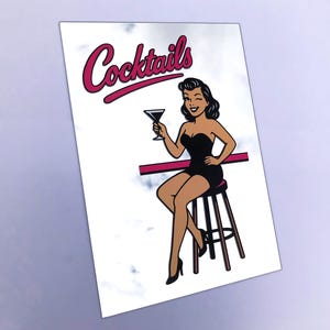 Miroir bar à cocktails néon, vrai miroir A4 imprimé UV, art mural rétro des années 50, enseigne de bière, art pin up