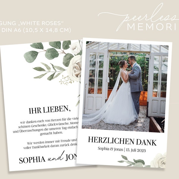 Danksagung Hochzeit mit weißen Rosen | DIN A6 | edel | Grün | Blumen | Braut | Bräutigam | Dankeskarte | Karte