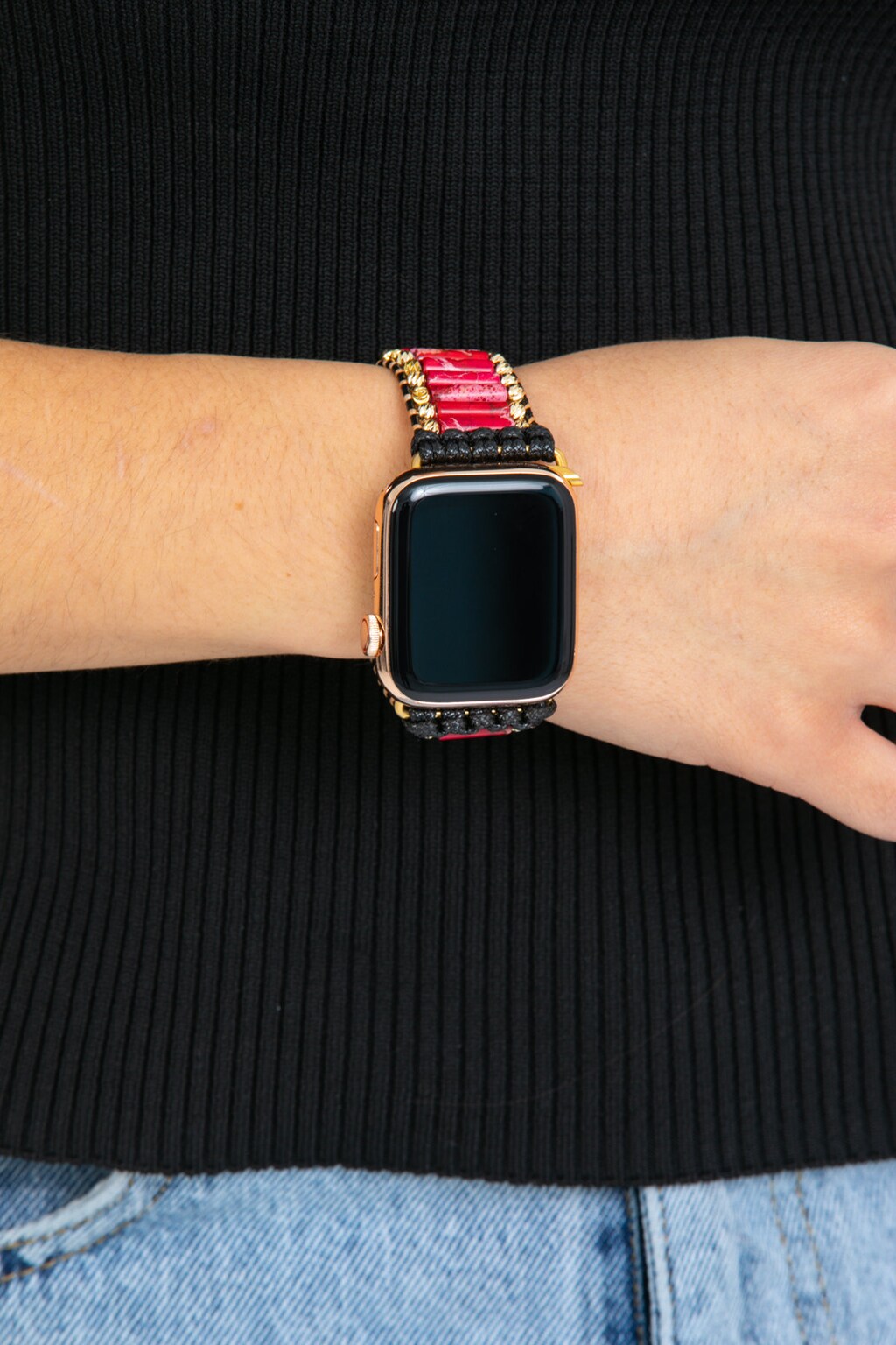 KKPLZZ Cinturino Per IWatch Con Perline Boho, Bracciale Intrecciato Unisex Con Pietre Naturali, Per Series 7/6/5/4/3/2/1/SE