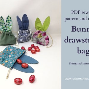 PDF Drawstring bag for Easter, bunny basket to sew, gift bag sewing pattern, bunny pouch