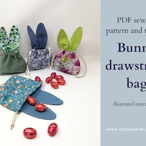 PDF Zugbeutel zu Ostern, Hasenkörbchen zum nähen, Geschenkbeutel Schnittmuster, Hasentäschchen
