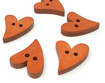 Rust Wooden Heart Buttons - Pack of 5