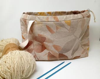 Bolsa para projetos de tricô com cordão e bolsos, tamanho GG, organizador portátil para crochê e fios em lona, presente para tricoteiras