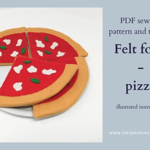 Molde de fatia de pizza em feltro, tutorial de comida de feltro faça você mesmo, molde de costura digital em PDF para comida de brinquedo, inglês e italiano para iniciantes
