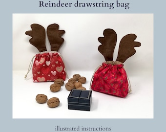 PDF Bolsa con cordón para Navidad, cesta de renos para coser, patrón de costura de bolsa de regalo, tutorial de bolsa de reno, patrón de favores navideños