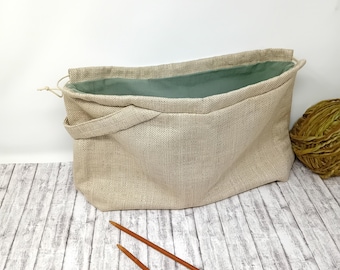 Bolsa para projetos de tricô com cordão e bolsos, tamanho GG, organizador portátil para crochê e fios em lona, presente para tricoteiras