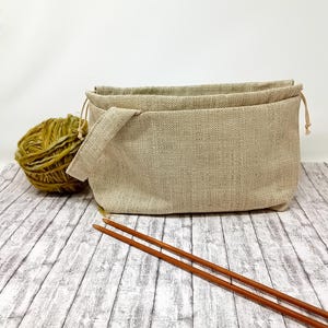 Bolsa para proyectos de tejido con cordón y bolsillos, tamaño mediano, organizador portátil de crochet e hilo en lona, regalo para tejedores.