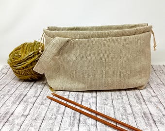 Bolsa para projetos de tricô com cordão e bolsos, tamanho médio, organizador portátil para crochê e fios em lona, presente para tricoteiras
