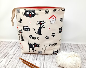 Knitting project bucket bag, Yarn storage, Work in progress Bag, Gift for Knitter, Sock Project Bag