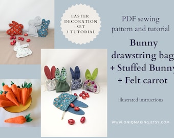 Set de decoración de Pascua en PDF, 3 tutoriales, bolso con cordón de conejito, patrón de costura de conejito de peluche y zanahoria de fieltro