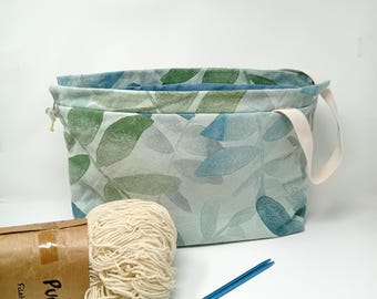 Bolsa para projetos de tricô com cordão e bolsos, tamanho GG, organizador portátil para crochê e fios em lona, presente para tricoteiras