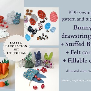 PDF Oster Deko Set, 4 Anleitungen, Häschen Kordelbeutel, Stoffhase, Schnittmuster Filz Karotte und befüllbare Stoff Eier