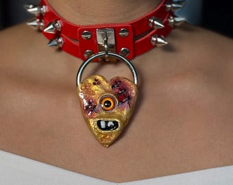 Red Spiked Vegan Leather Choker, Monster Eye Heart Pendant, Handmade Goth Necklace
