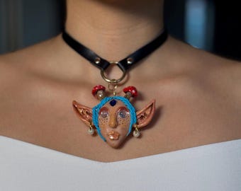 Fairy Face Choker, Handmade Polymer Clay Mushroom Pendant, Vegan Leather