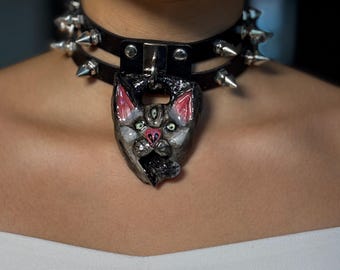 Spiked Vegan Leather Choker, Three-Eyed Cat Pendant, Handmade Goth Necklace