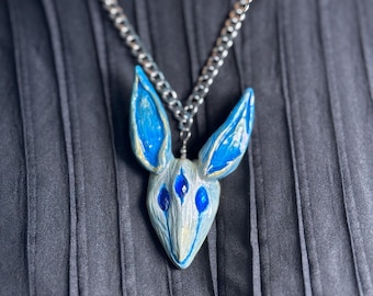 Blue Fennec Fox Pendant – Handmade Polymer Clay Fantasy Necklace