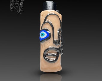 Handmade Polymer Clay Lighter Case, Abstract Face with Evil Eye
