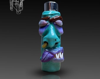 Monster Clipper Lighter Case, Handmade Polymer Clay Lighter Sleeve, Cute Creepy Teal Lighter Cover, Funny Gift for Smokers & Stoners