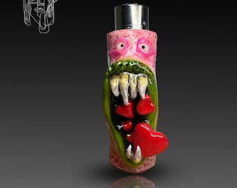 Monster Clipper Lighter Case Necklace, Handmade Polymer Clay Lighter Sleeve, Cute Creepy Refillable Lighter Cover, Funny Gift for Smokers