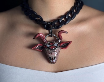 Hand-Sculpted Three-Eye Goat Pendant, Chunky Black Chain Necklace