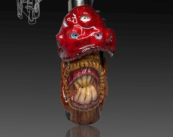 Handmade Red Mushroom Monster Clipper Lighter Case, Creepy Horror Art Gift