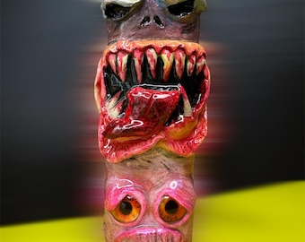 Estuche para encendedor Bic de monstruo hecho a mano, escultura de arte de terror, regalo espeluznante para fumadores