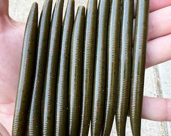10 Pack - 5” custom made stick worms Green Pumpkin red flake heavy salt wacky worm