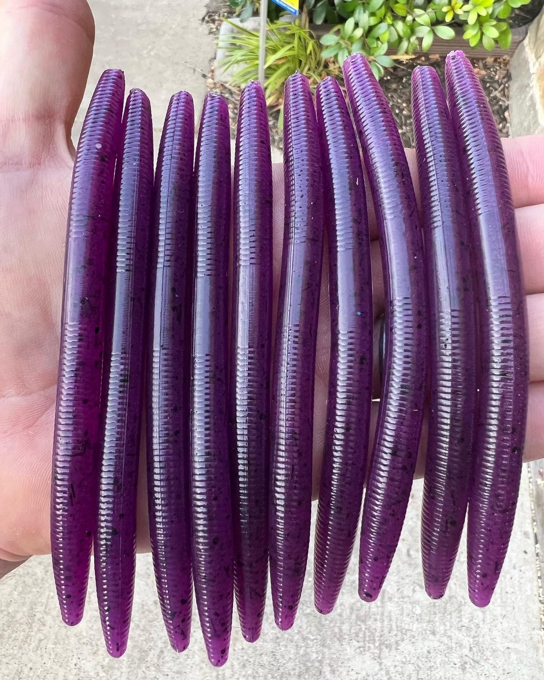 10 Pack - 5” Custom Made Stick Worms Purple Black Flake Heavy Salt