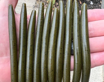 10 Pack - 5” custom made stick worms Green Pumpkin black flake heavy salt wacky worm