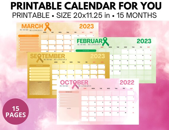2023 CALENDAR AWARENESS CANCER 2022-2023 Printable Month to Be - Etsy
