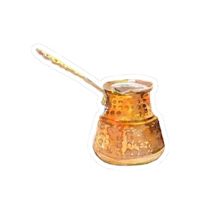 May include: Watercolor illustration of a traditional copper coffee pot, also known as a cezve or ibrik. The pot has a long handle and a rounded base. The color palette includes shades of gold, brown, and copper.