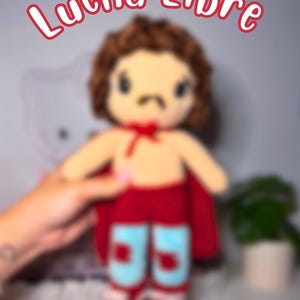 May include: A plush doll featuring brown hair, a mustache, and a red cape. The doll wears red pants with light blue knee pads and red shoes. The text Lucha Libre is displayed in red letters with a white outline above the doll's head.