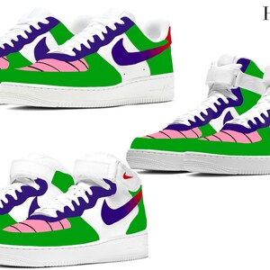 May include: A collection of custom sneakers in low, mid, and high-top styles. Each pair features a white base with green, pink, and purple accents. The iconic swoosh logo is in purple with a red gradient. The shoes have white soles and laces.