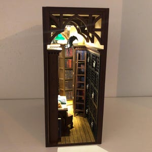 Library book nook bookshelf insert diorama Finished booknook Handmade bookend Miniature with raven and scull Bookshelf decor gift for him
