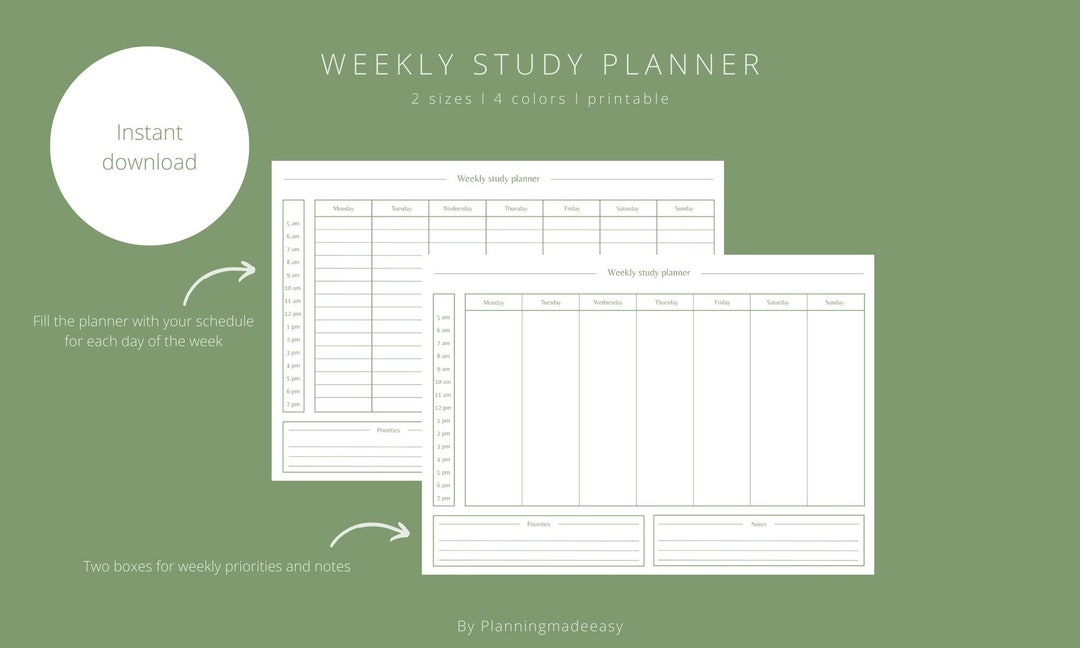 Weekly Study Planner Printable, Hourly Weekly Planner Printable ...