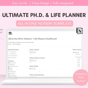 PhD Student Notion Dashboard, Student Notion Template for Coursework, Research, and Life, PhD Student Academic Planner, Notion PhD Planner