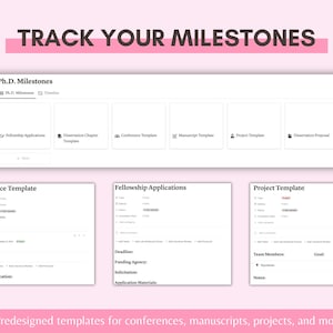 May include: A pink and white digital planner template with the text "Track Your Milestones" and "Ph.D. Milestones". The template includes sections for fellowship applications, dissertation chapters, conference templates, manuscript templates, project templates, and dissertation proposals.