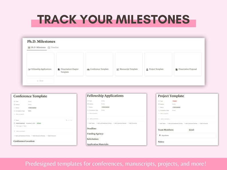 May include: A pink and white digital planner template with the text "Track Your Milestones" and "Ph.D. Milestones". The template includes sections for fellowship applications, dissertation chapters, conference templates, manuscript templates, project templates, and dissertation proposals.