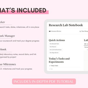 May include: A pink and white graphic with the text "WHAT'S INCLUDED" in black. The graphic lists features of a research lab notebook, including a task tracker, coursework manager, lab notebook, and milestone tracker. The graphic also shows a screenshot of the research lab notebook software with a calendar, quick actions, and a data management plan.