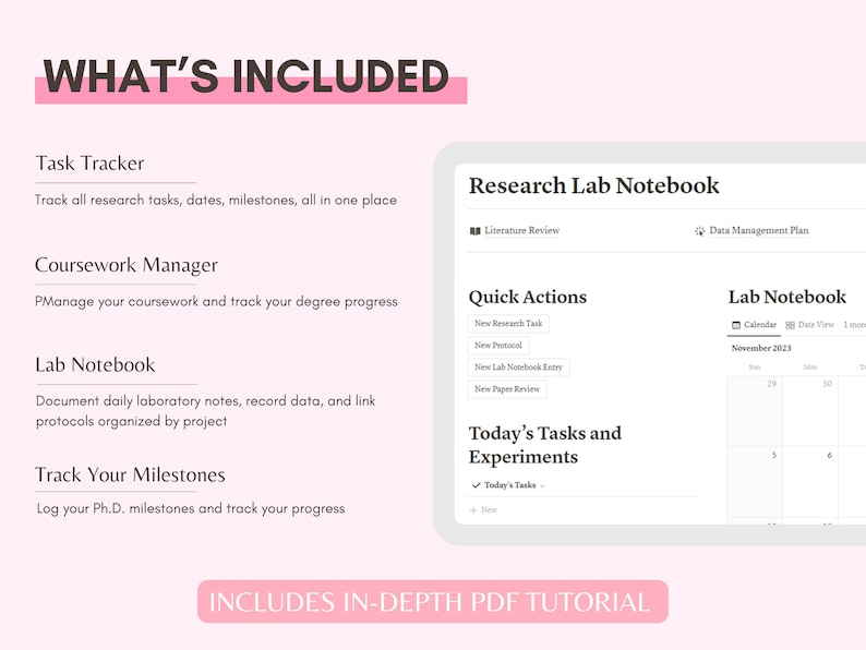 May include: A pink and white graphic with the text "WHAT'S INCLUDED" in black. The graphic lists features of a research lab notebook, including a task tracker, coursework manager, lab notebook, and milestone tracker. The graphic also shows a screenshot of the research lab notebook software with a calendar, quick actions, and a data management plan.