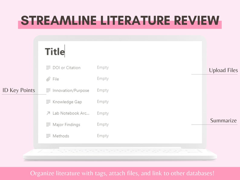 May include: A white laptop computer with the text "STREAMLINE LITERATURE REVIEW" in pink at the top of the screen. The screen shows a list of fields for organizing literature, including "Title", "DOI or Citation", "File", "Innovation/Purpose", "Knowledge Gap", "Lab Notebook Arc...", "Major Findings", and "Methods". The text "ID Key Points" is on the left side of the screen. The text "Upload Files" is on the right side of the screen. The text "Summarize" is on the right side of the screen. The text "Organize literature with tags, attach files, and link to other databases!" is at the bottom of the screen.