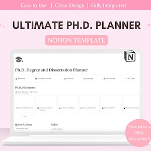 Może przedstawiać: Ekran laptopa wyświetlający szablon Notion dla planera doktoranckiego. Szablon zawiera sekcje dla badań, przeglądu literatury, protokołów, kamieni milowych doktoratu, szybkich działań i zadań na dziś. Szablon nosi tytuł "Ultimate Ph.D. Planner" i został stworzony przez badacza doktoranckiego.