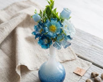 Blue Blown Glass Flower Bouquet: Forget-Me-Nots, Copper Stems